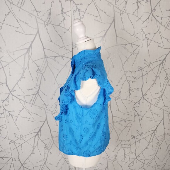 Deluc Turquoise Blue 100% Cotton Eyelet Ruffle High Neck Top - Picture 5 of 8